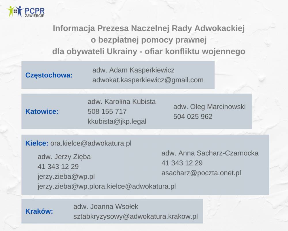 Informacja Prezesa Naczelnej Rady Adwokackiej o bezpłatnej pomocy prawnej dla obywateli Ukrainy - ofiar konfliktu wojennego. Wykaz adwokatów świadczących bezpłatną opiekę prawną.