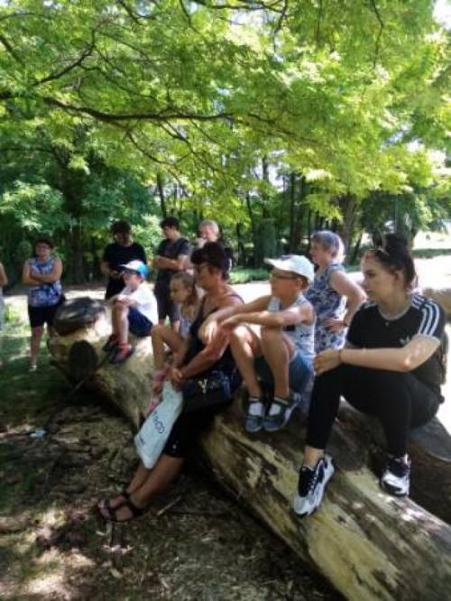Liczna grupa osób w parku siedzi na pniu drzewa