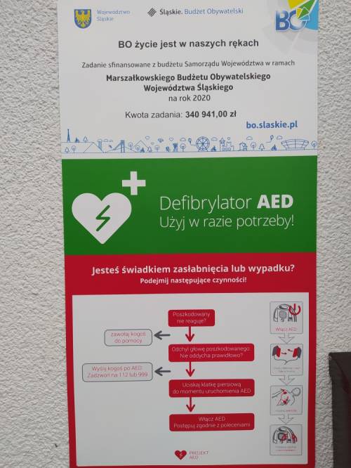 Instrukcja użycia defibrylator AED wisząca na budynku PCPR