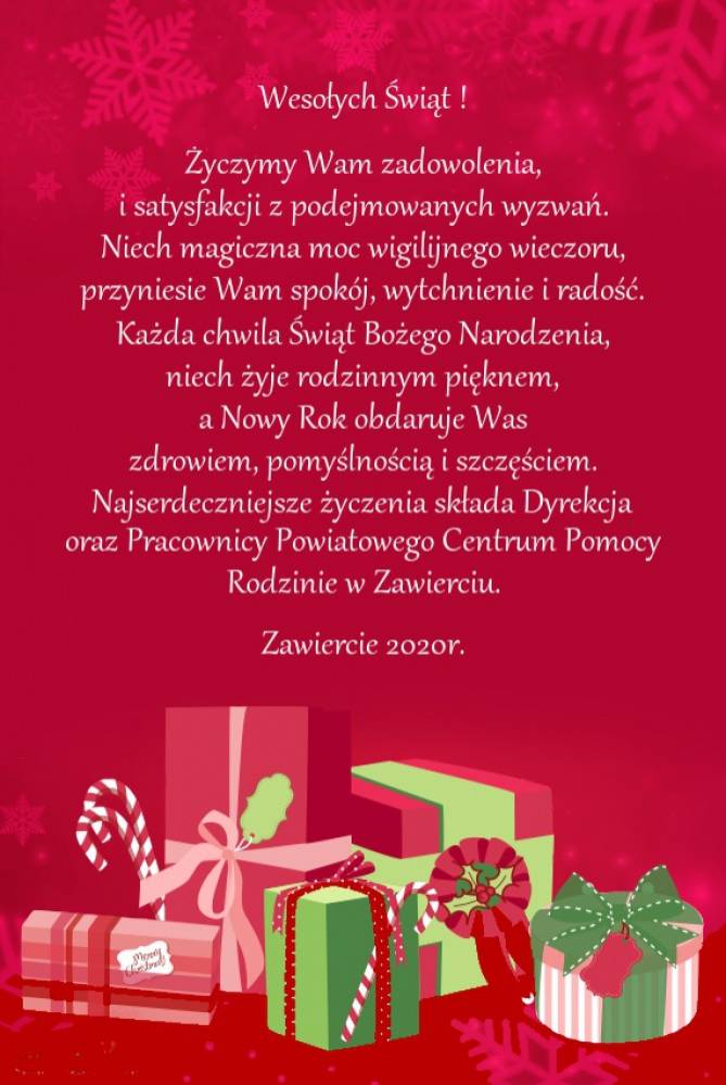 Kartka z życzeniami Bożonarodzeniowym od Dyrekcji i Pracowników Powiatowego Centrum Pomocy Rodzinie w Zawierciu