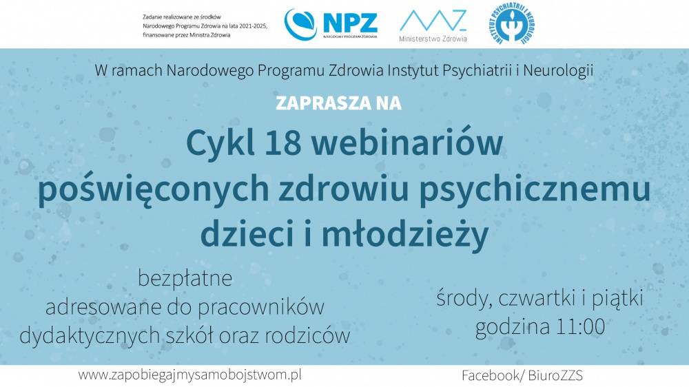 Plakat dotyczący cyklu 18 webinariów poświęconych zdrowiu psychicznemu dzieci i młodzieży