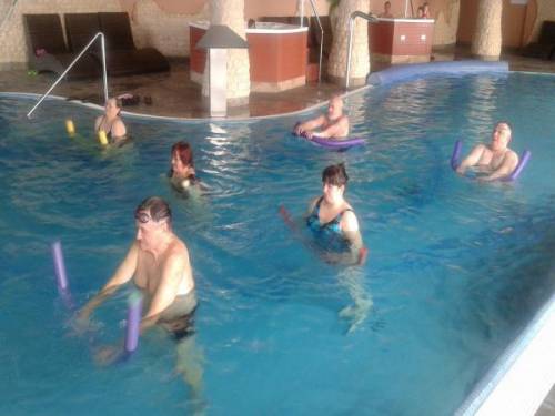Grupa kobiet i mężczyzn stojąc w basenie wykonuje ćwiczenie trzymając piankowy makaron