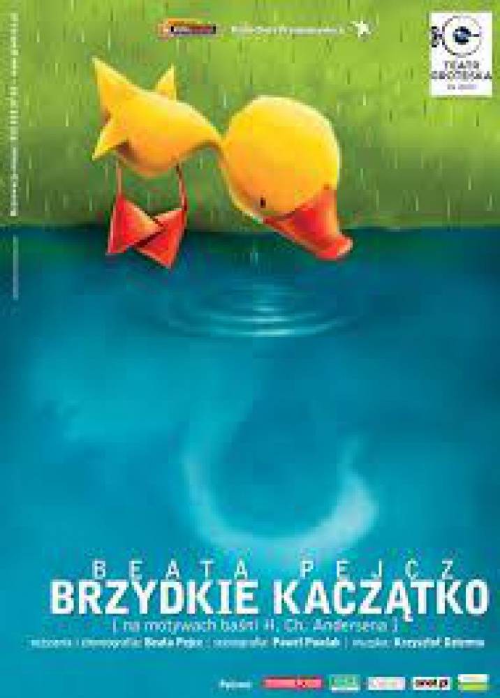 Afisz teatralny ukazujący żółte kaczątko wskakujące do wody