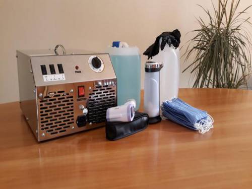 Środki ochronne - generator ozonu, termometr bezdotykowy, automatyczny dozownik do mydła, maseczki, rękawiczki, płyn i żel do dezynfekcji
